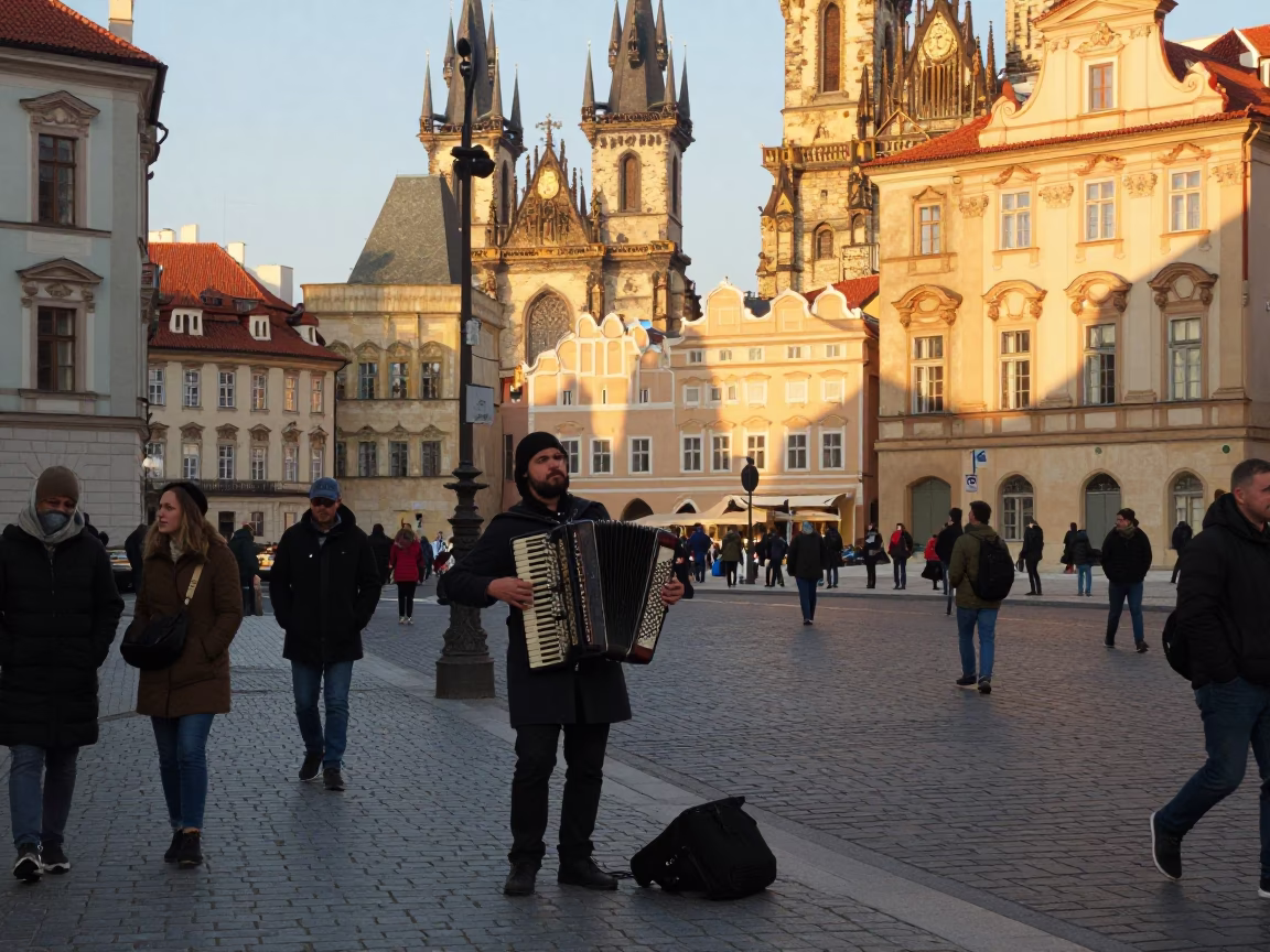 Busy Prague Street Corner in Honeyed Evening Light with Accordion Player and Classic Bus in in Prague, Czech Republic