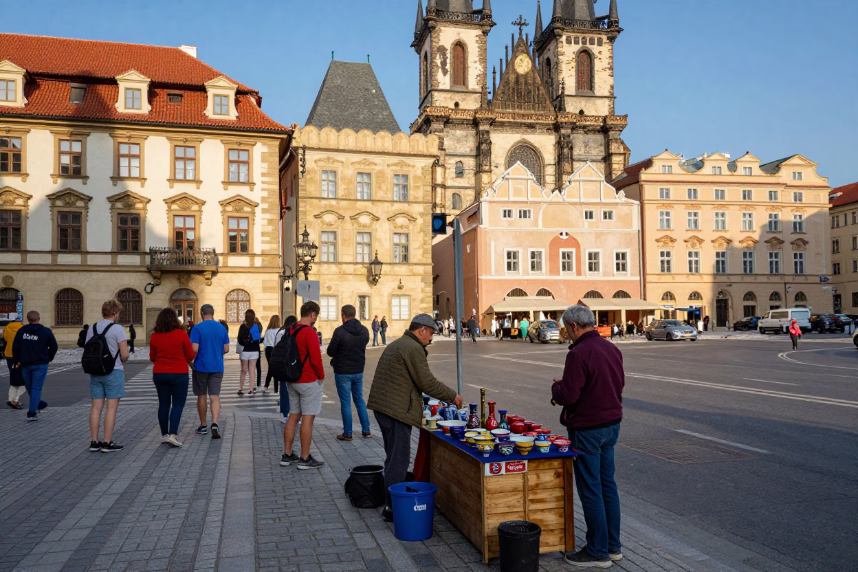 Busy Prague Street Corner in Late Afternoon Light with Tourists and Local Life in in Prague, Czech Republic
