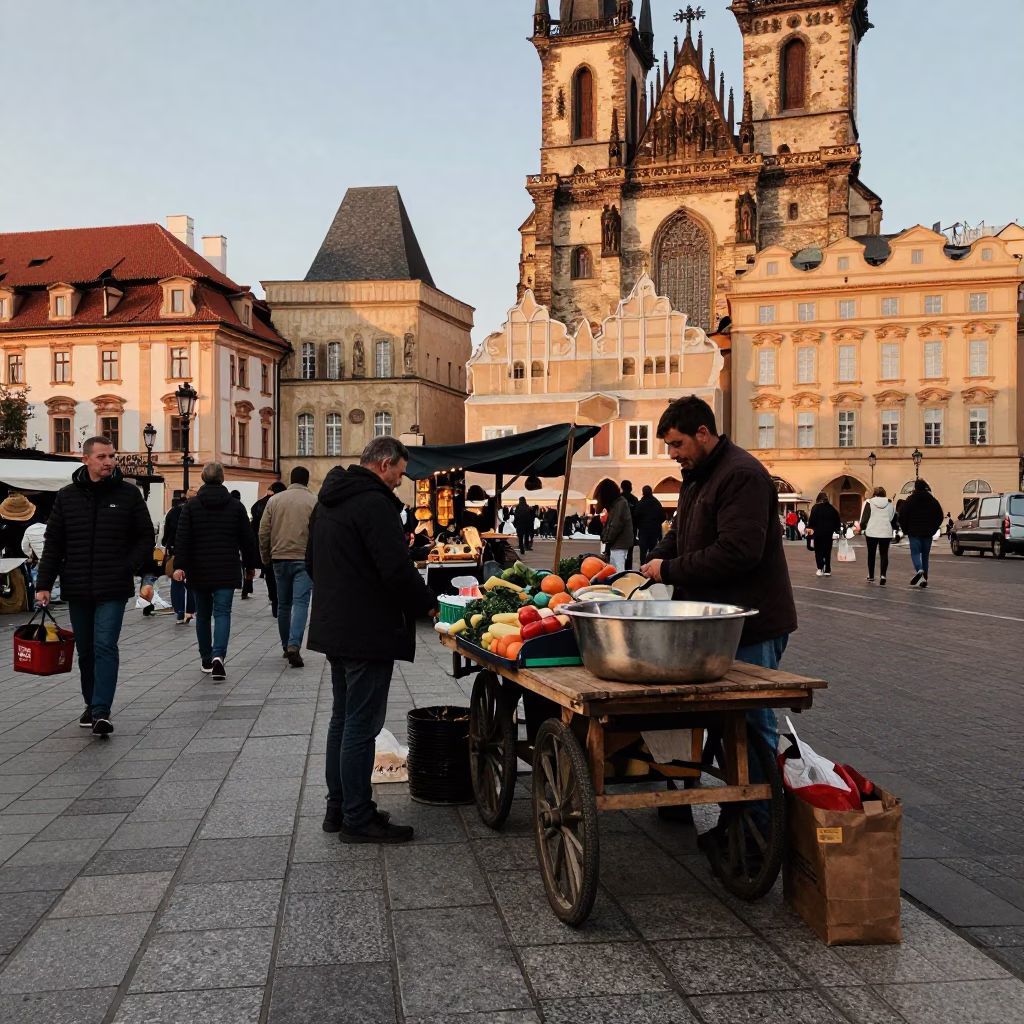 Busy Prague Street Corner Late Afternoon with Brushed Steel Basin and Ceramic Bowl in in Prague, Czech Republic