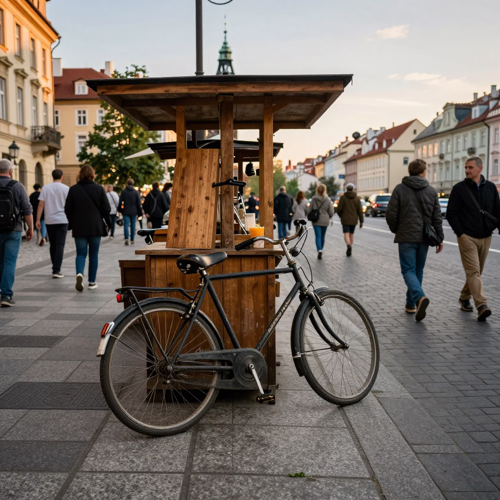 Busy Prague Street Corner Late Afternoon with Vintage Bicycle and Market Stall in in Prague, Czech Republic