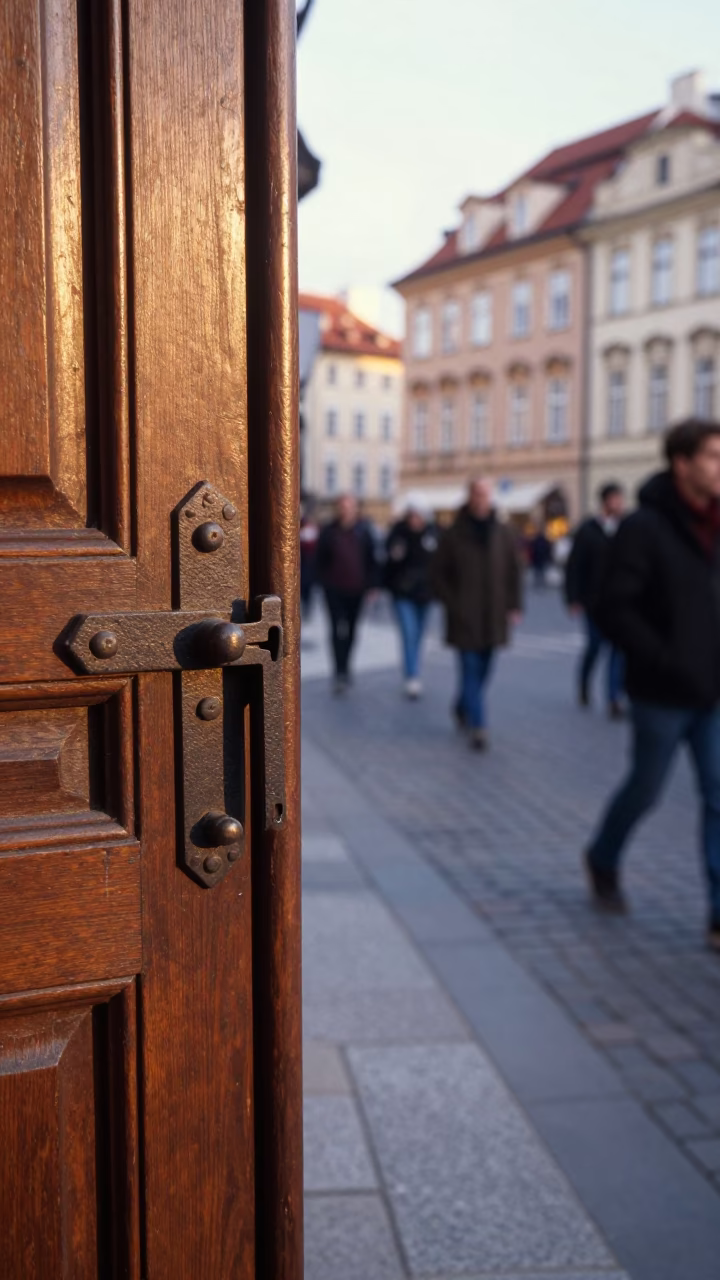 Busy Prague Street Corner Late Morning with Iron Deadbolt and Umbrellas in in Prague, Czech Republic