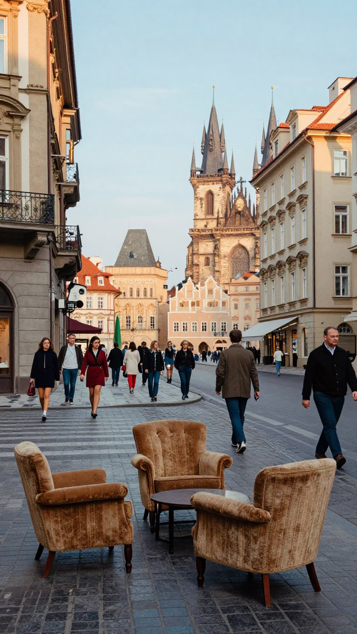 Busy Prague Street Corner Late Morning with Vintage Armchairs and Local Market Activity in in Prague, Czech Republic