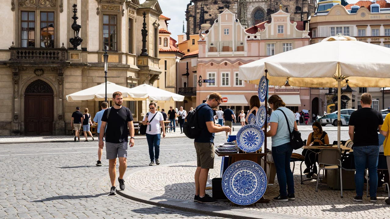 Busy Prague Street Corner Midday Scene with Vintage Majolica Plate and Doorknob in in Prague, Czech Republic