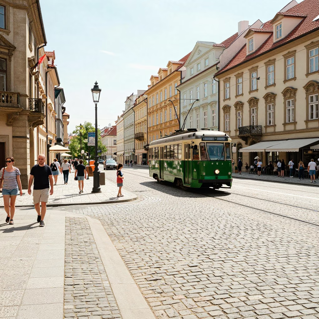 Busy Prague Street Corner Noon Light with Trolley Tracks and Pedestrians in in Prague, Czech Republic