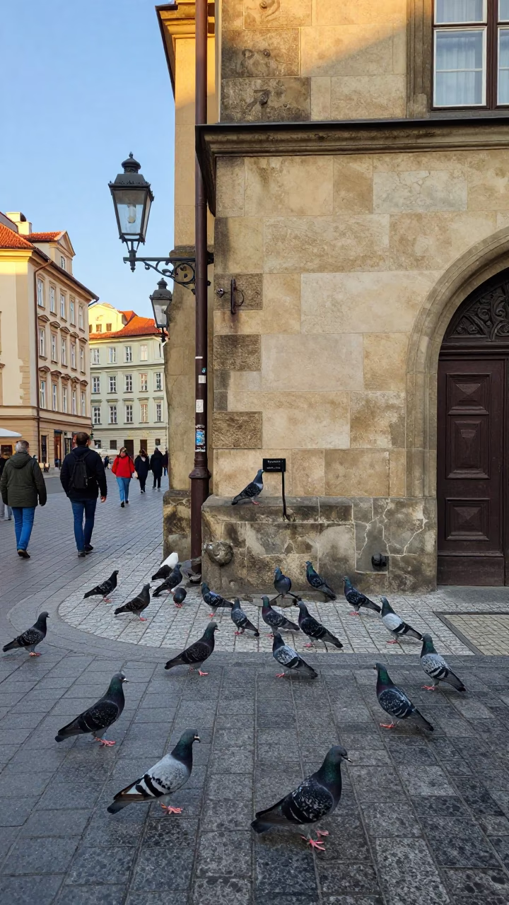 Busy Prague Street Corner with Pigeons and Iron Deadbolt on Old Building in in Prague, Czech Republic