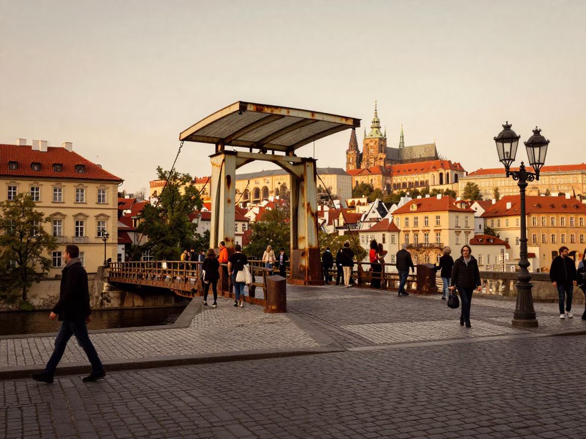 Busy Prague Street Corner with Rusted Drawbridge and Evening Light in in Prague, Czech Republic