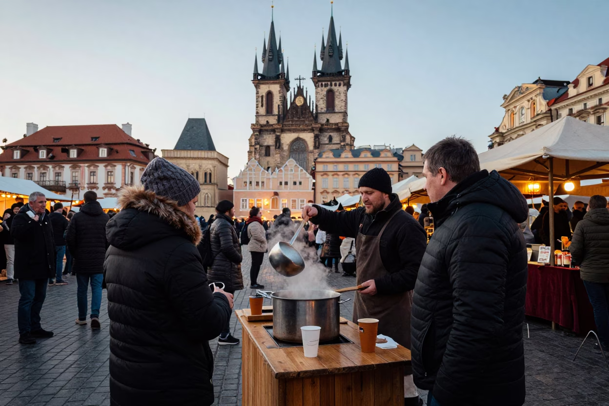 Busy Prague Street Market at Dawn with Ladle and Magazine Rack in in Prague, Czech Republic