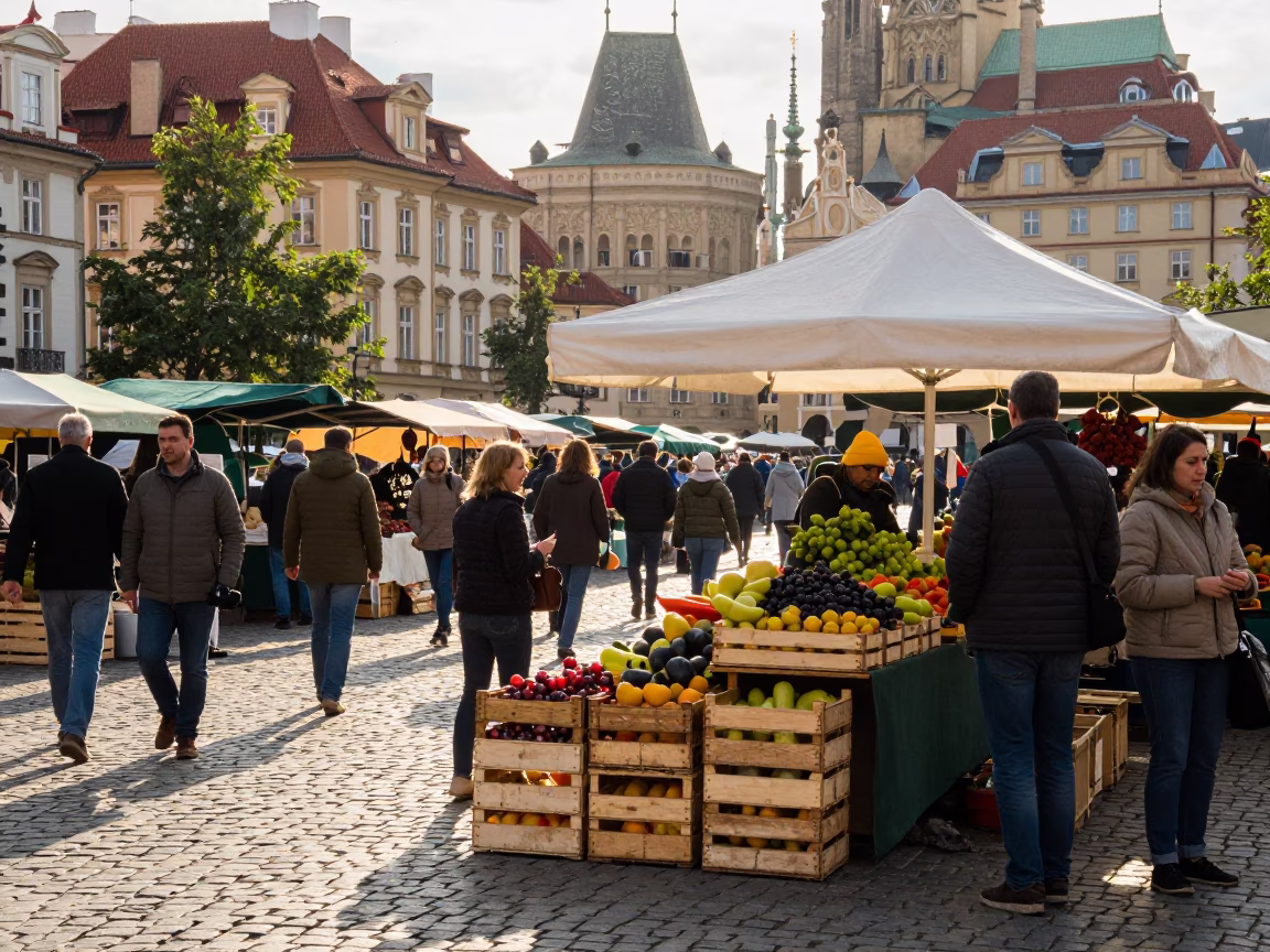 Busy Prague Street Market Late Afternoon with Fruit Crates and Local Commerce in in Prague, Czech Republic