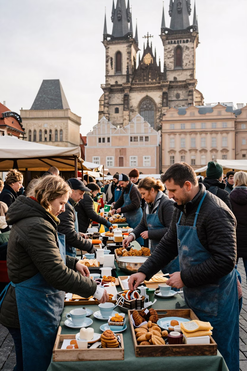 Busy Prague Street Market Morning with Aprons and Tea Stains in in Prague, Czech Republic