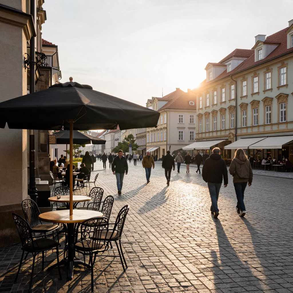 Busy Prague Street Scene After Sunrise with Umbrella Stand and Morning Coffee in in Prague, Czech Republic