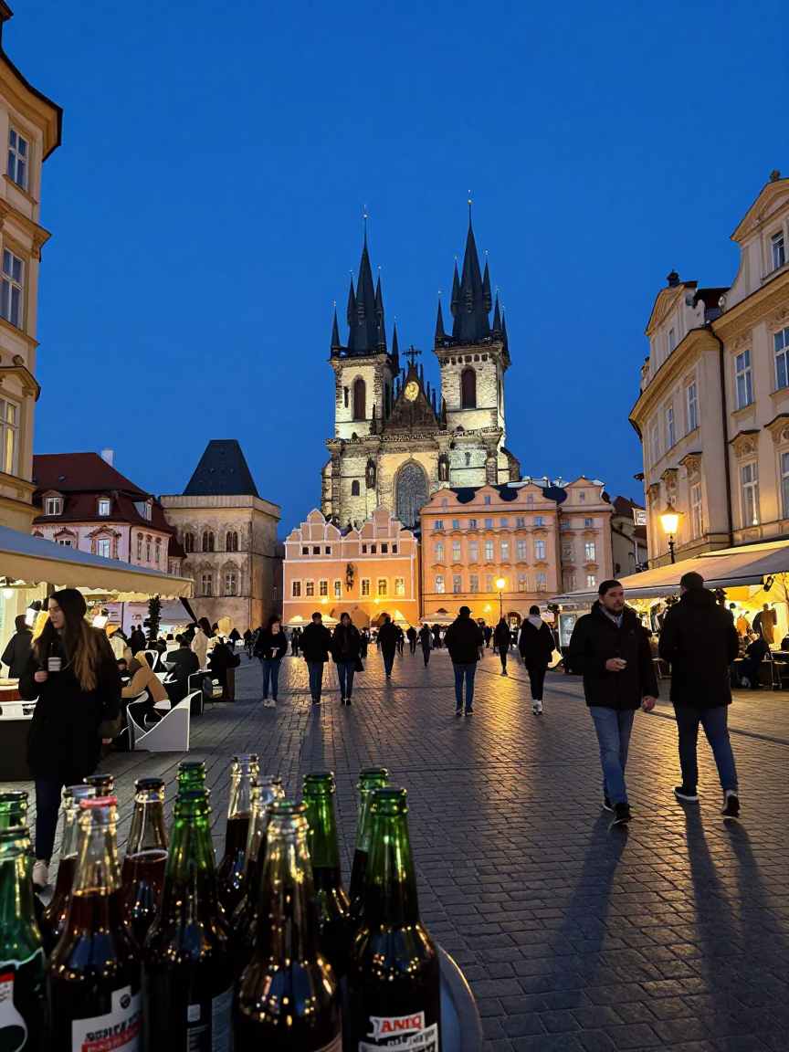 Busy Prague Street Scene at Blue Hour with Glass Bottles and Local Interaction in in Prague, Czech Republic