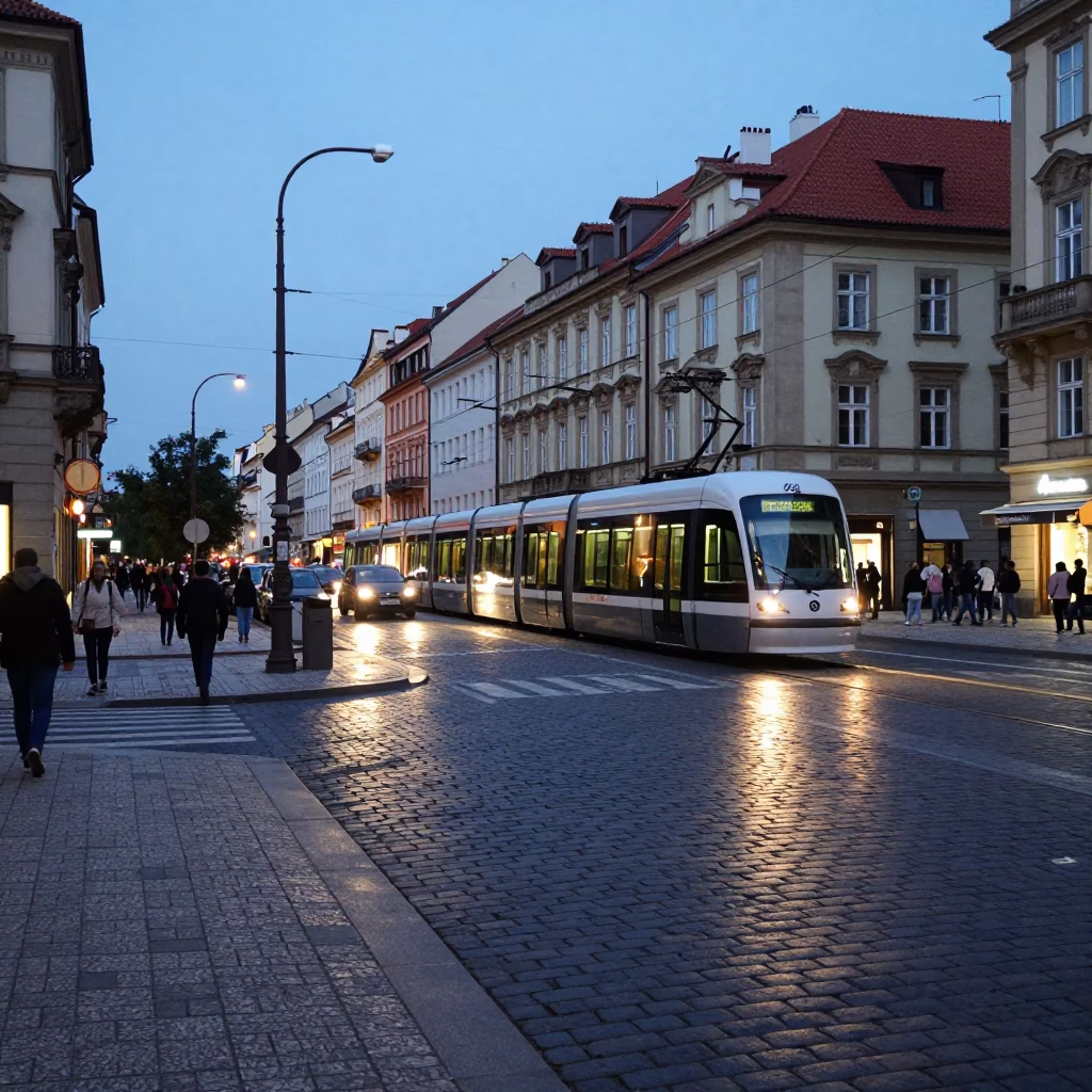 Busy Prague Street Scene at Blue Hour with Monorail Reflection and Urban Details in in Prague, Czech Republic