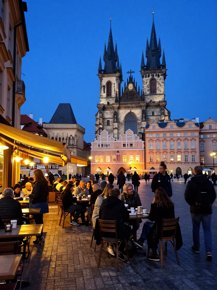 Busy Prague Street Scene at Blue Hour with Outdoor Cafe Dining and Historic Architecture in in Prague, Czech Republic