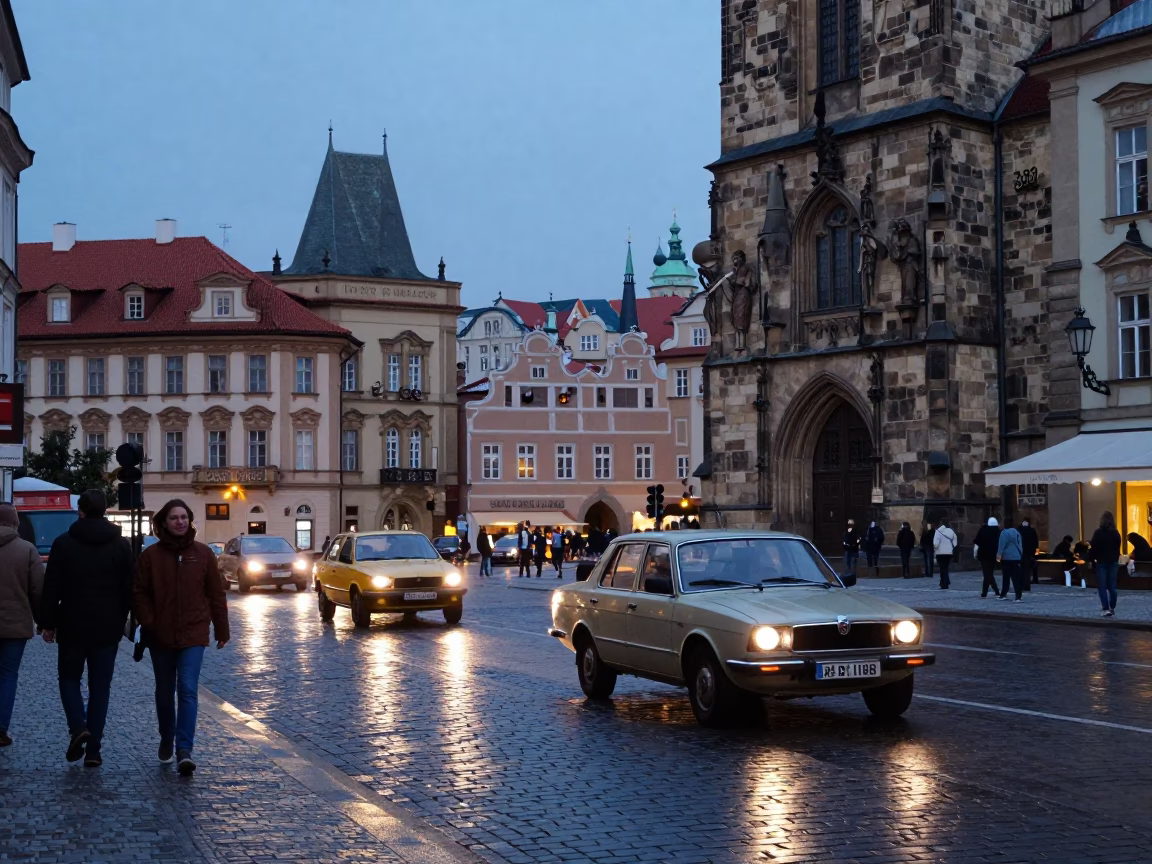 Busy Prague Street Scene at Blue Hour with Vintage 1970s Atmosphere in in Prague, Czech Republic