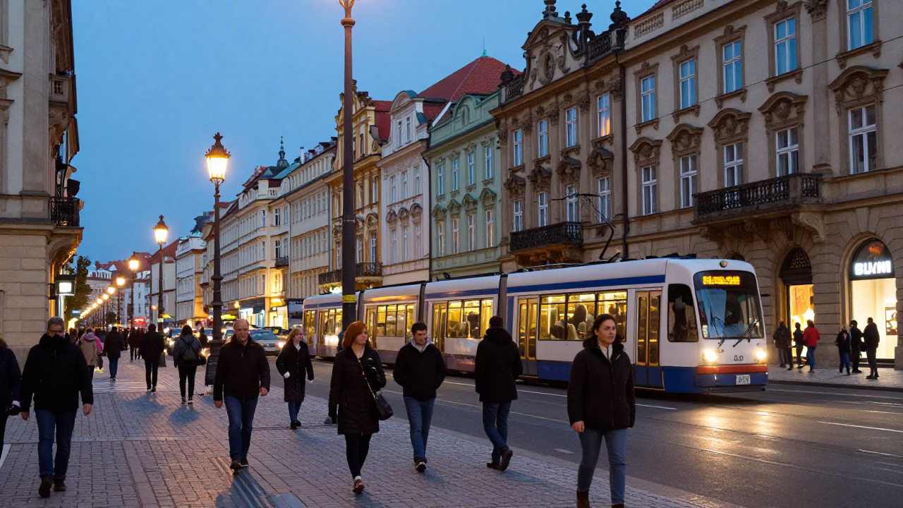 Busy Prague Street Scene at Dusk with Tram and Pedestrians in in Prague, Czech Republic