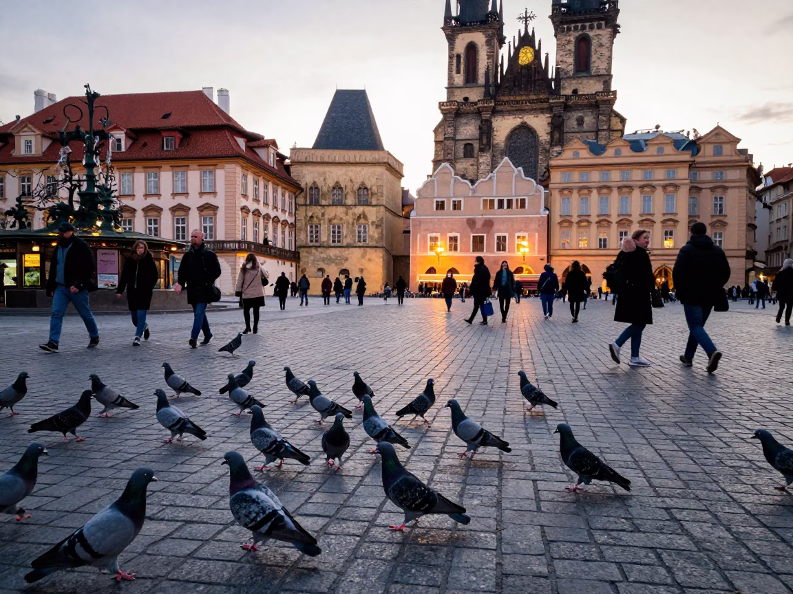 Busy Prague Street Scene at Early Evening with Pigeons and Construction Activity in in Prague, Czech Republic