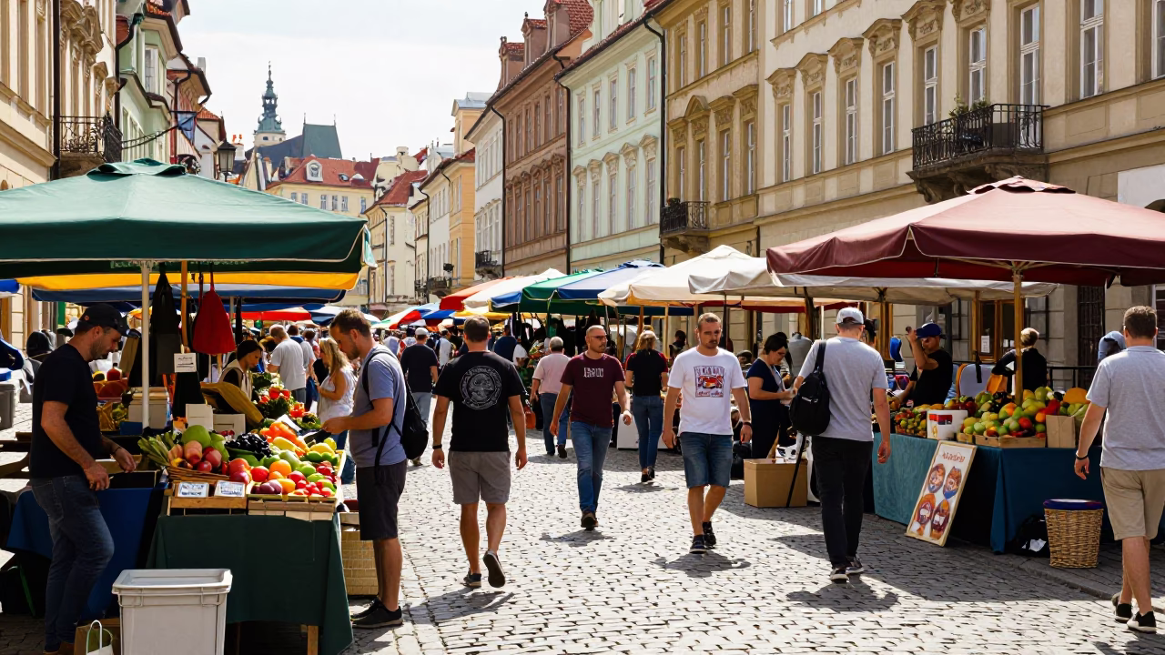 Busy Prague Street Scene at Midday with Colorful Market Stalls and Pedestrians in in Prague, Czech Republic