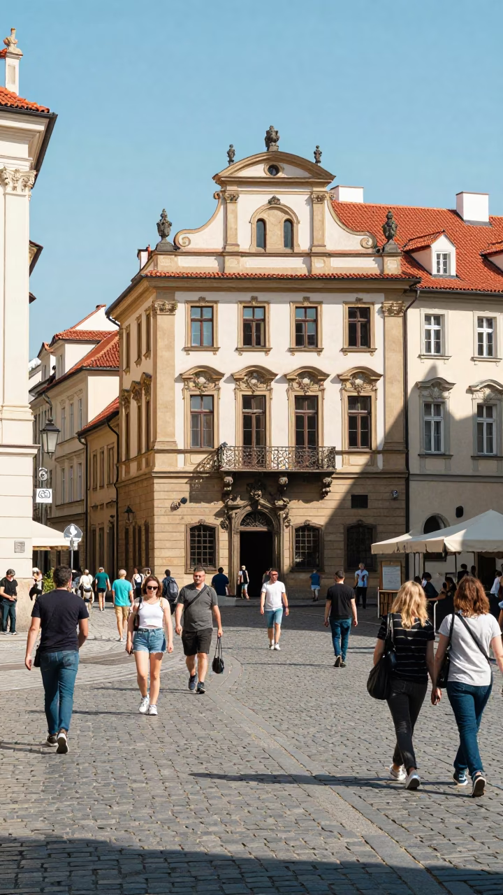 Busy Prague Street Scene at Midday with Sunlight Stripes and River View in in Prague, Czech Republic