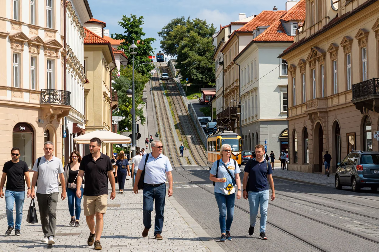 Busy Prague Street Scene at Noon with Funicular and Tourists in in Prague, Czech Republic