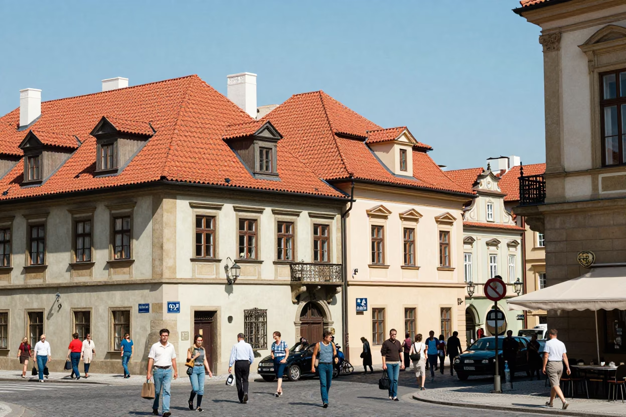 Busy Prague Street Scene at Noon with Vintage 1950s Architecture and Pedestrians in in Prague, Czech Republic
