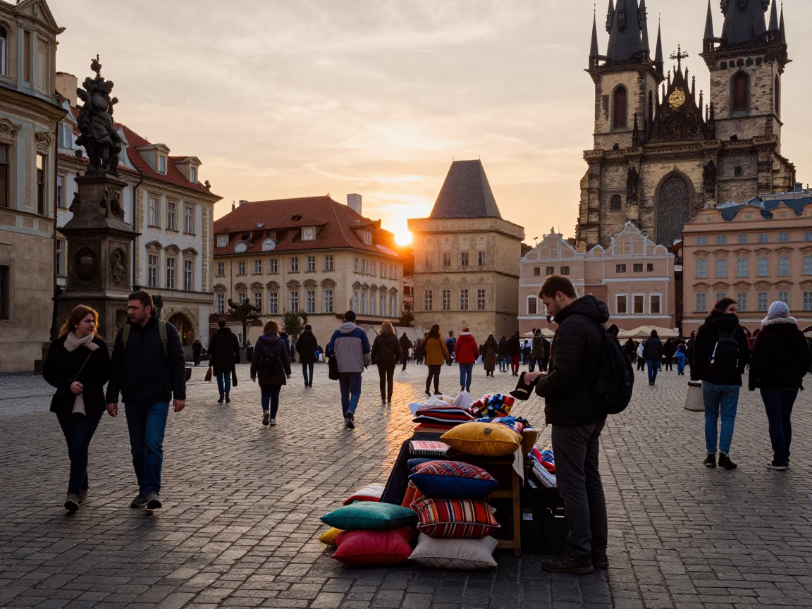 Busy Prague Street Scene at Sunset with Local Vendors and Pedestrians in in Prague, Czech Republic