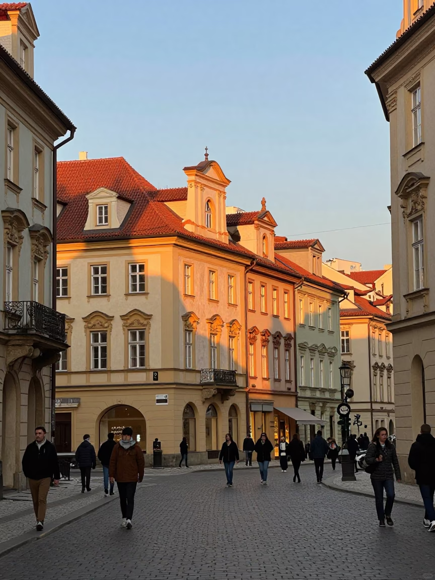 Busy Prague Street Scene at Sunset with Traditional Architecture and Pedestrians in in Prague, Czech Republic