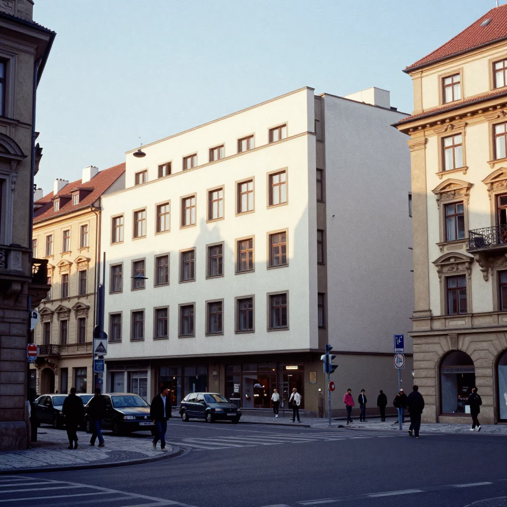 Busy Prague Street Scene Early Afternoon with Bauhaus Architecture and Nickel Hardware Details in in Prague, Czech Republic