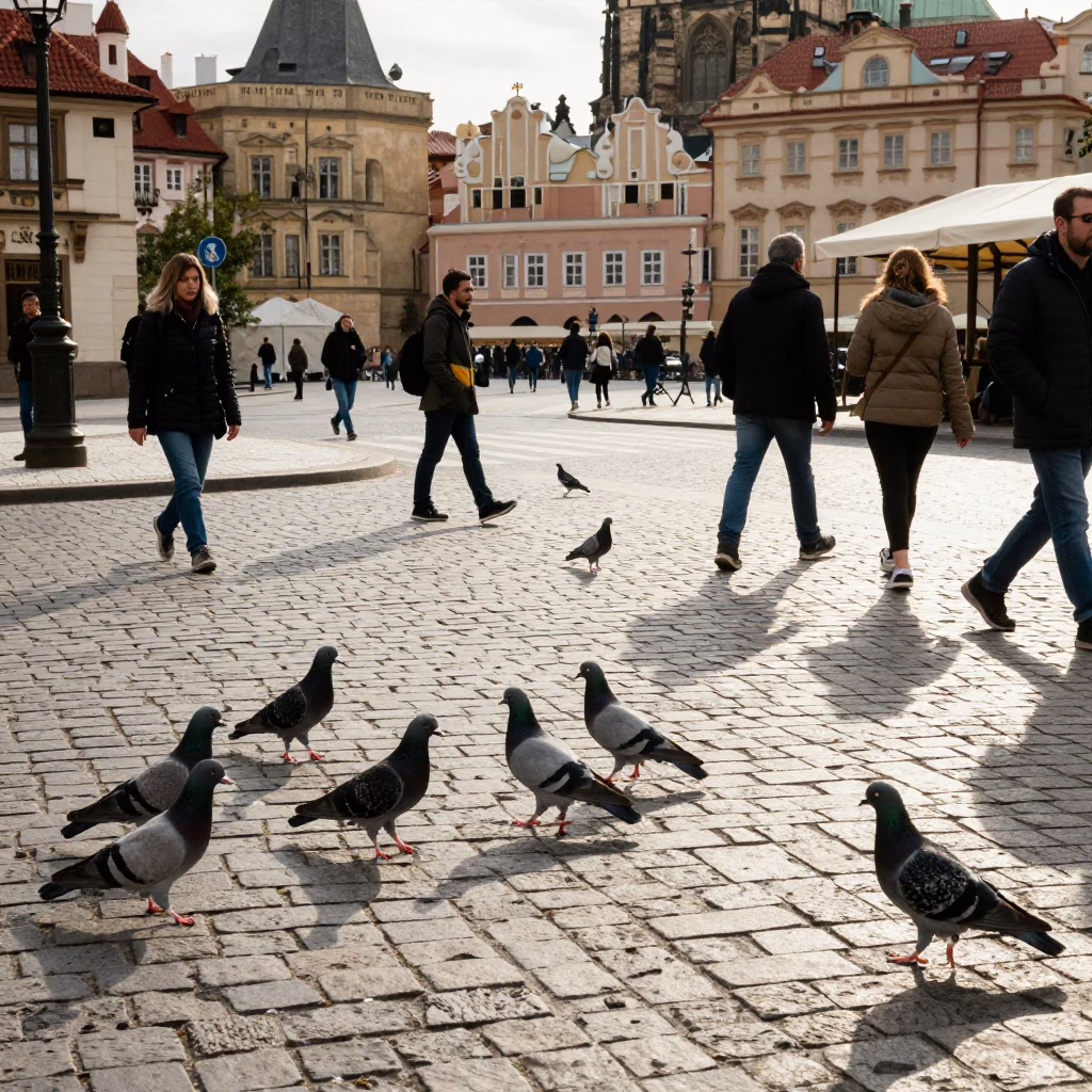 Busy Prague Street Scene Early Afternoon with Pigeons and Historic Architecture in in Prague, Czech Republic