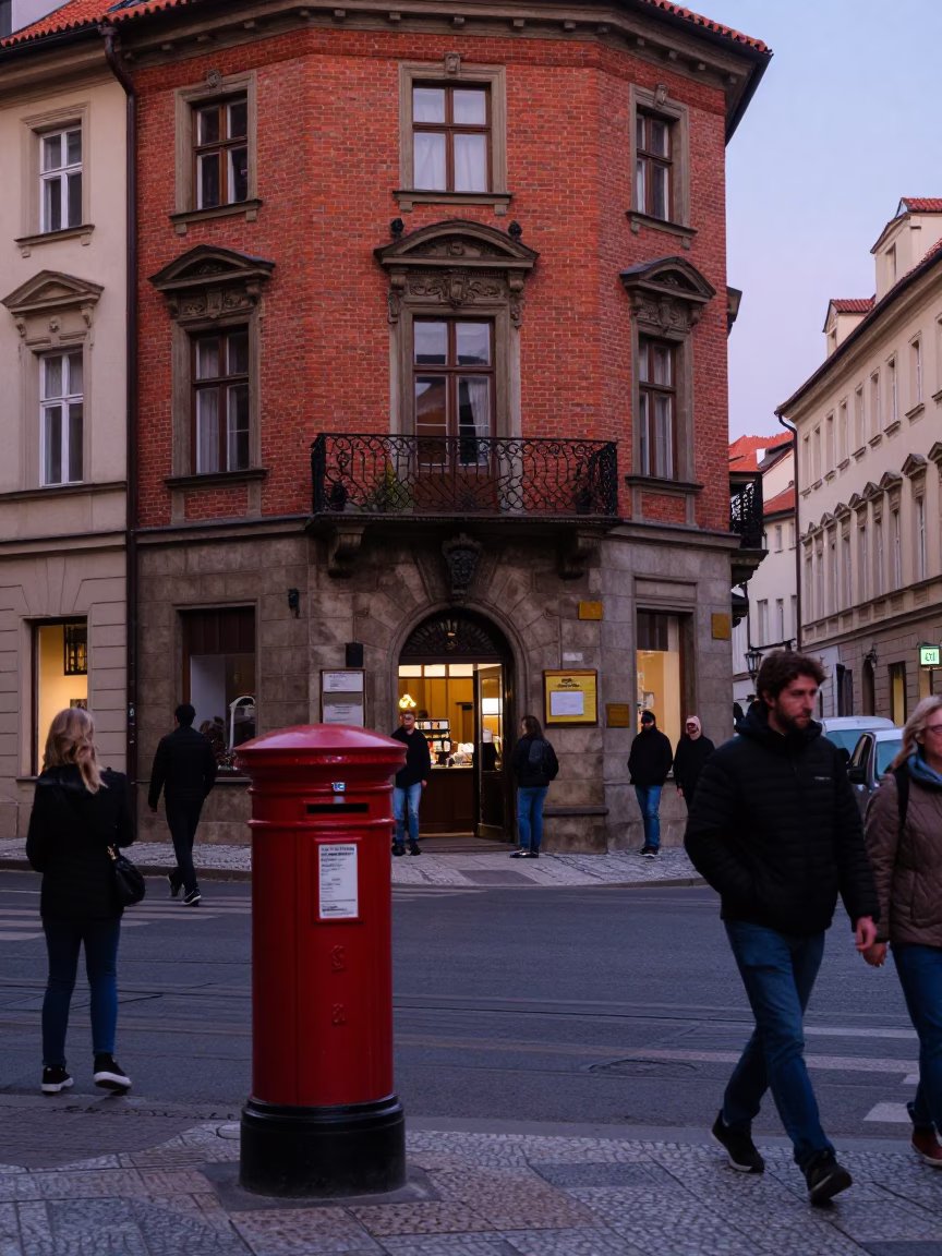Busy Prague Street Scene Early Evening with Mailbox and Basket Tray in in Prague, Czech Republic