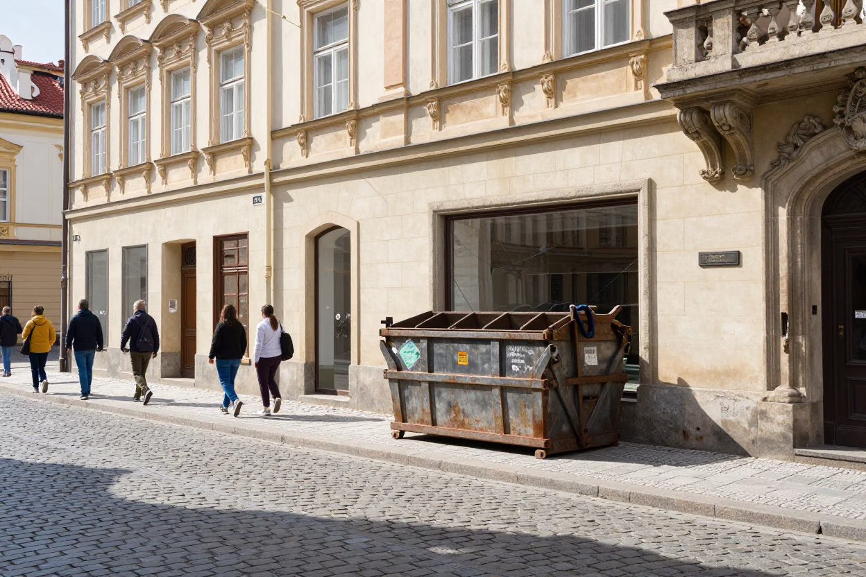 Busy Prague Street Scene in Bright Midmorning Light with Demolition Dumpster and Doorframe in in Prague, Czech Republic