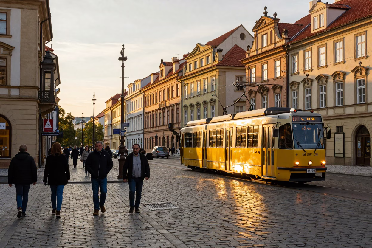 Busy Prague Street Scene in Honeyed Evening Light with Tram and Pedestrians in in Prague, Czech Republic