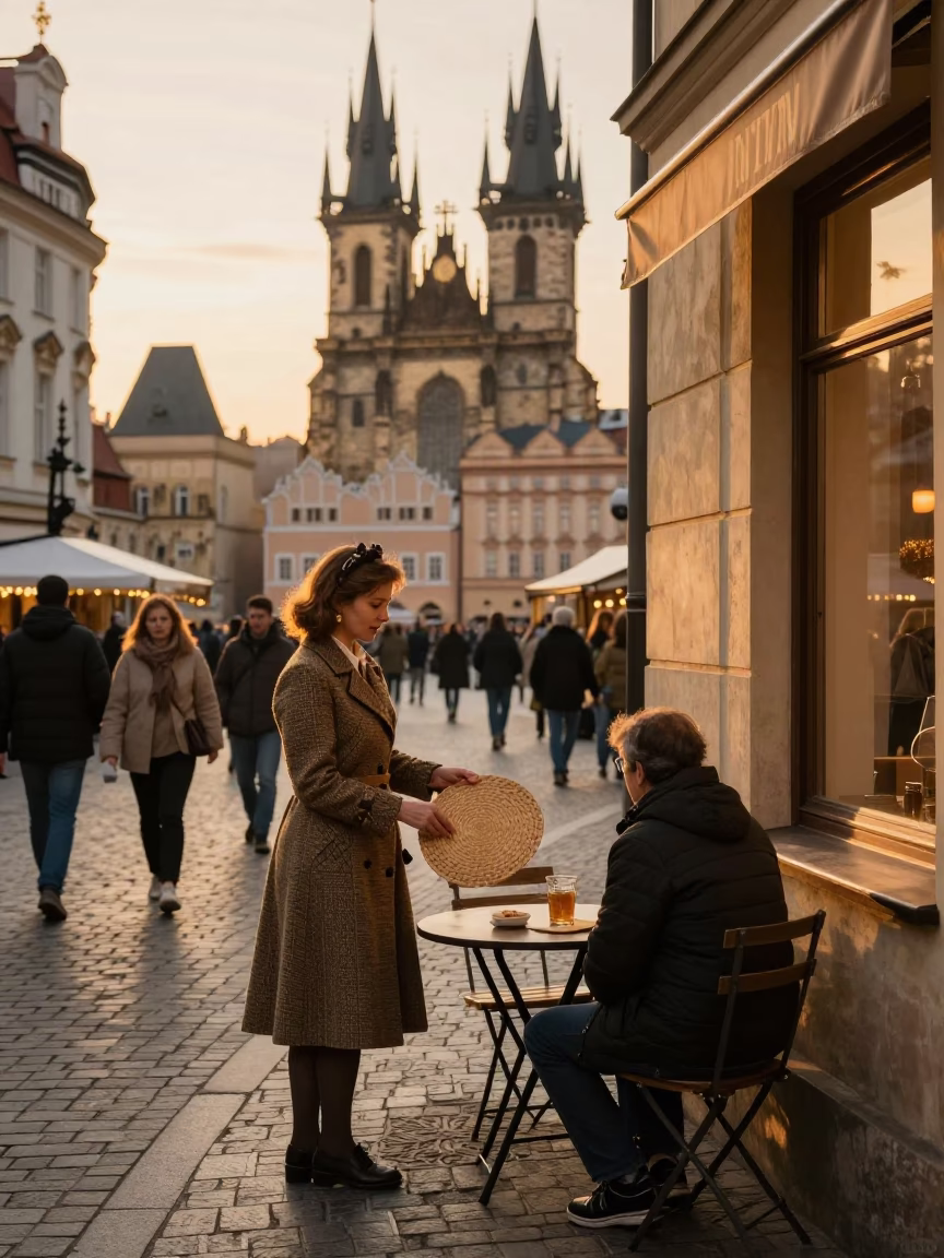 Busy Prague Street Scene in Honeyed Evening Light with Vintage 1950s Aesthetic in in Prague, Czech Republic