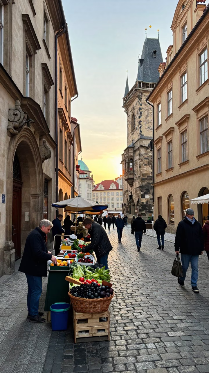 Busy Prague Street Scene Just After Sunrise with Local Market Activity in in Prague, Czech Republic
