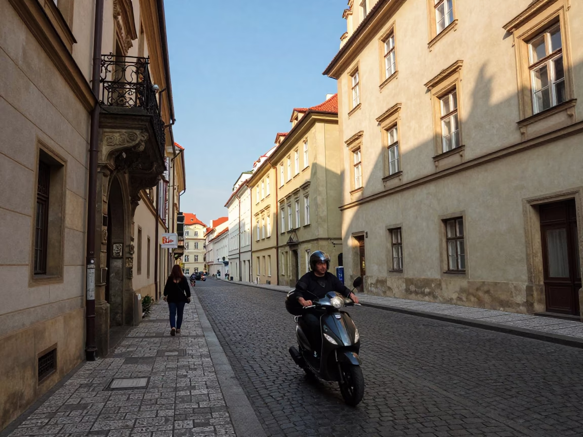 Busy Prague Street Scene Late Afternoon Scooter and Historic Architecture in in Prague, Czech Republic