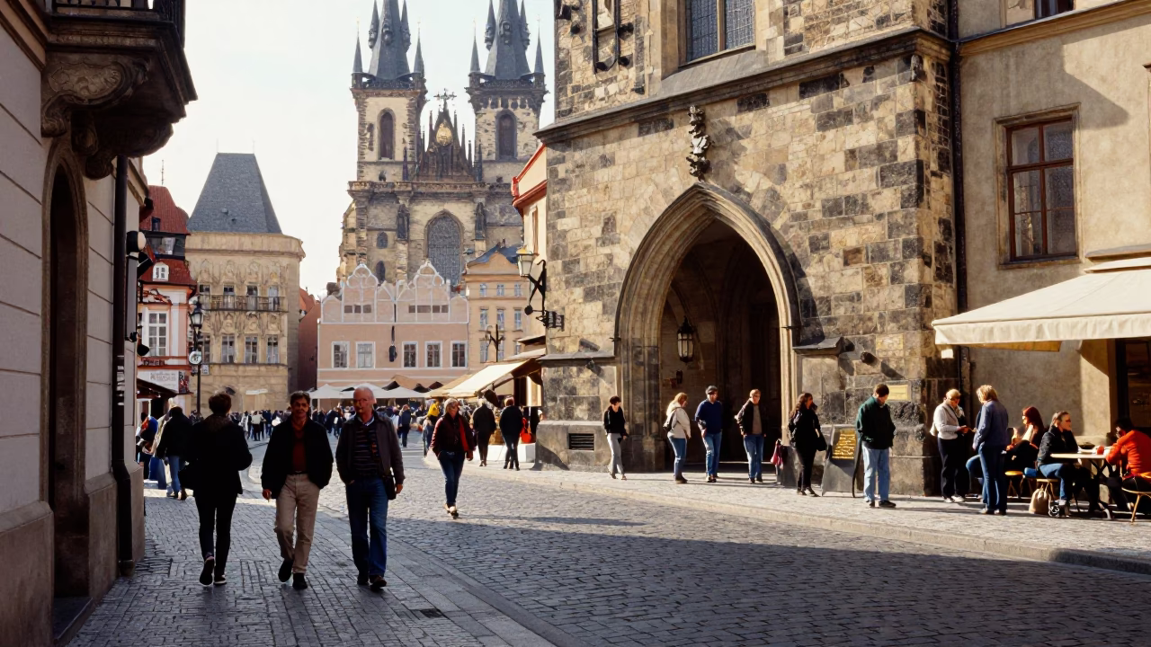 Busy Prague Street Scene Late Morning with Tourists and Historic Architecture in in Prague, Czech Republic