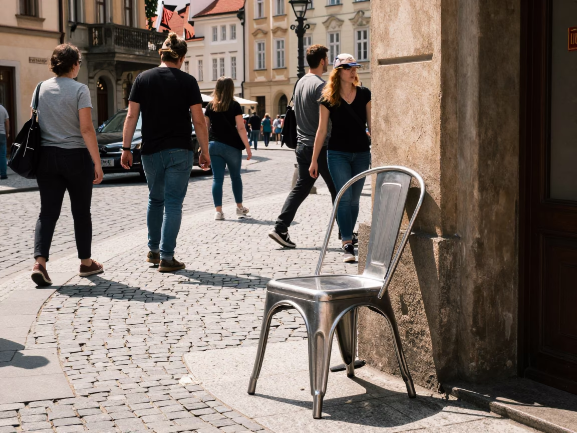Busy Prague Street Scene Midday with Brushed Steel Chair and Step Ladder in in Prague, Czech Republic