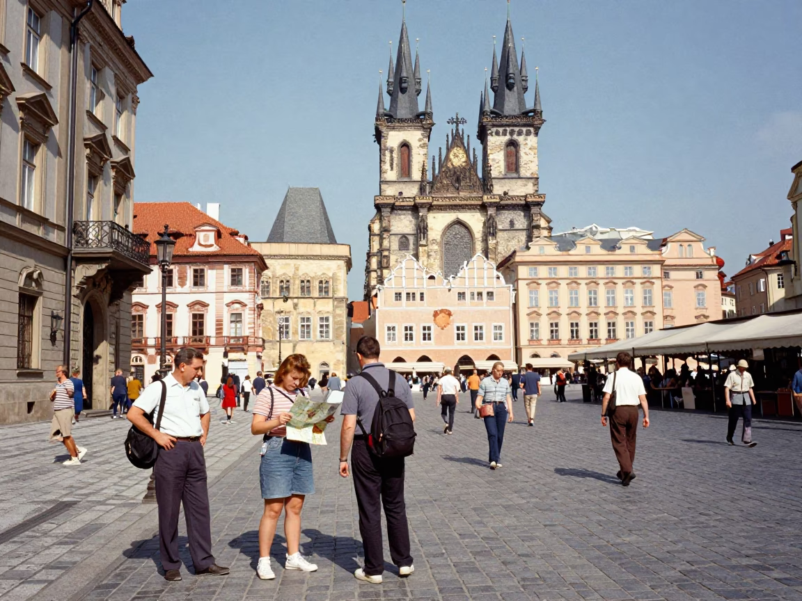 Busy Prague Street Scene Under Flat Noon Glare with Tourists and Cobblestones in in Prague, Czech Republic