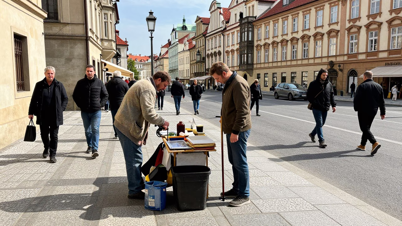 Busy Prague Street Scene with Cardigans and Crowbar Under Noon Glare in in Prague, Czech Republic