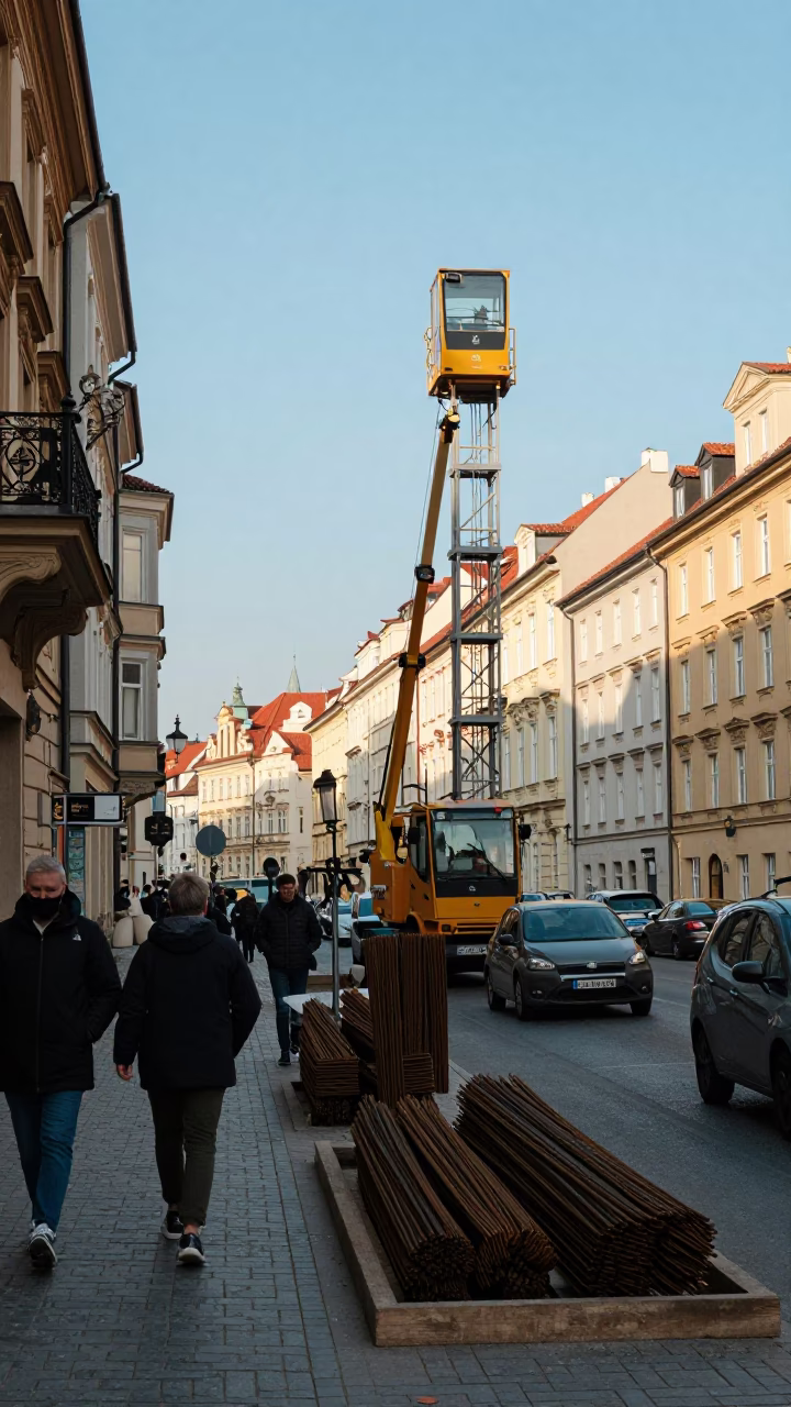 Busy Prague Street Scene with Construction Elevator and Local Food Vendor in in Prague, Czech Republic