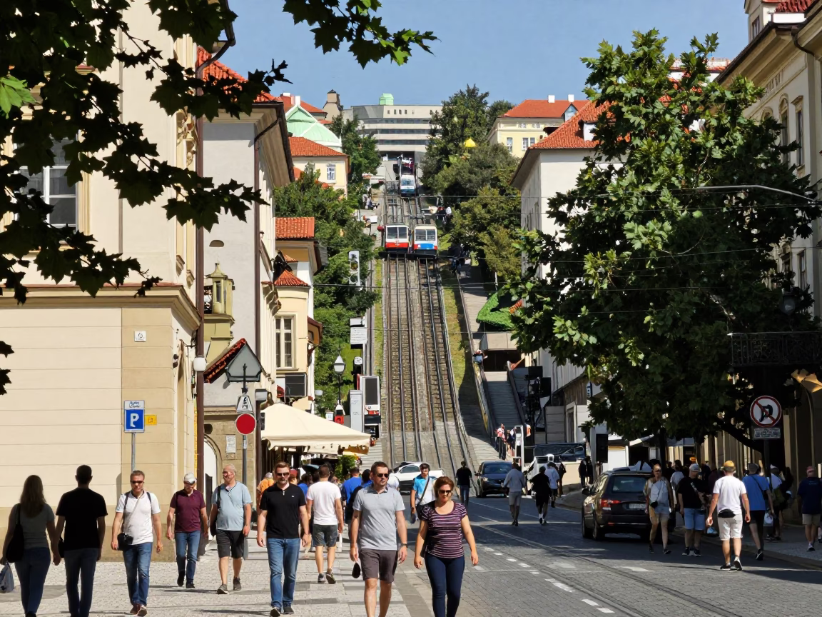 Busy Prague Street Scene with Funicular and Leaf Shadows Under Noon Sun in in Prague, Czech Republic