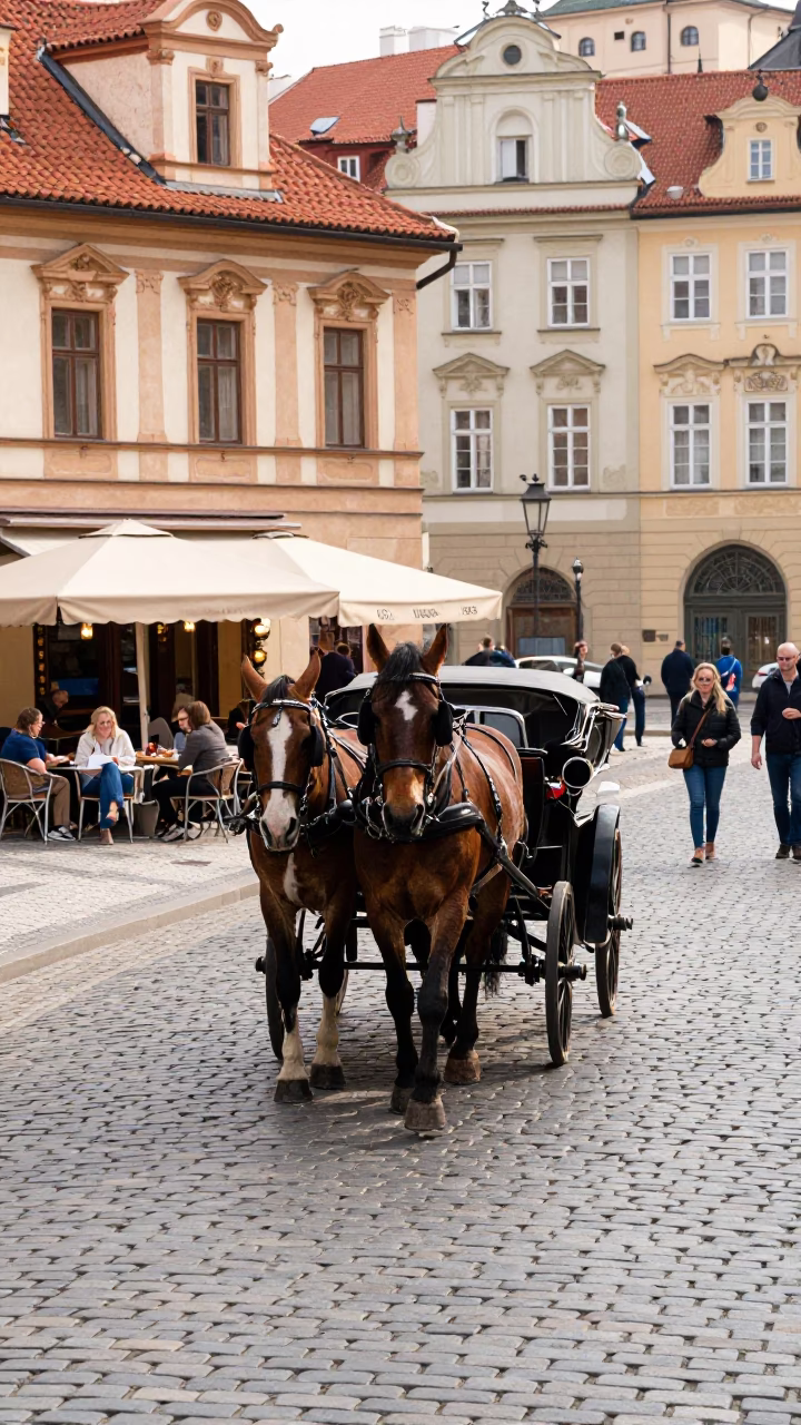 Busy Prague Street Scene with Horse-Drawn Cart and Cobblestones Late Morning in in Prague, Czech Republic