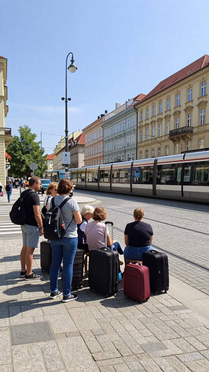 Busy Prague Street Scene with Suitcases and Monorail Under Noon Sun in in Prague, Czech Republic