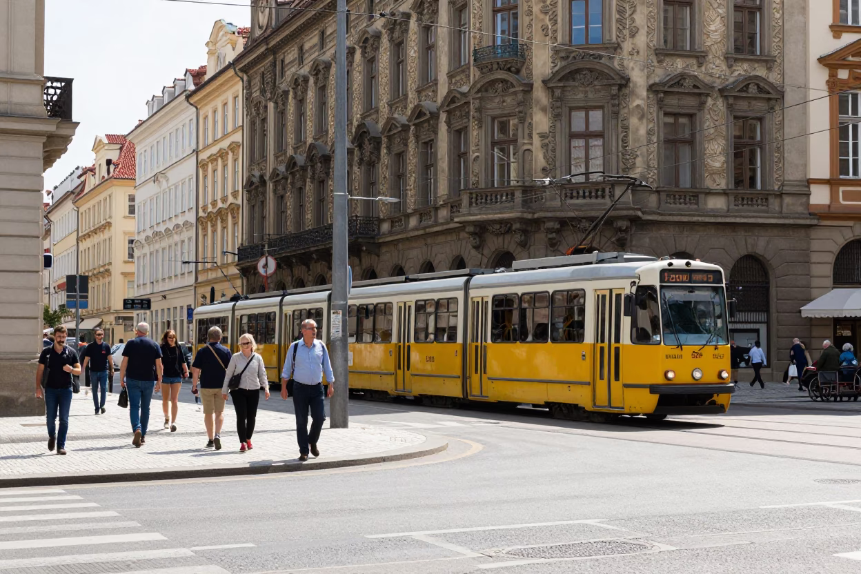 Busy Prague street scene with tram and pedestrians under flat noon glare in in Prague, Czech Republic