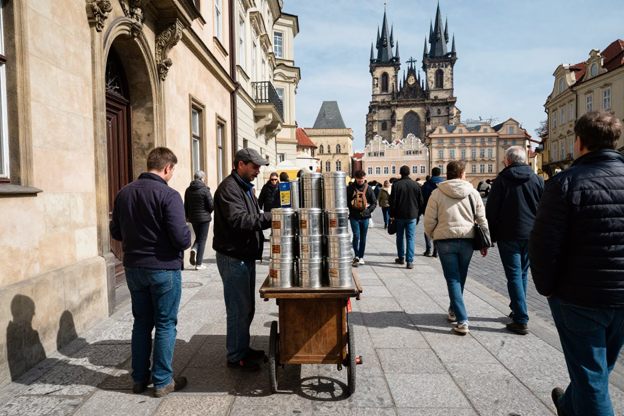 Busy Prague Street Scene with Vintage Tiffin Tin and Whisks at Noon in in Prague, Czech Republic