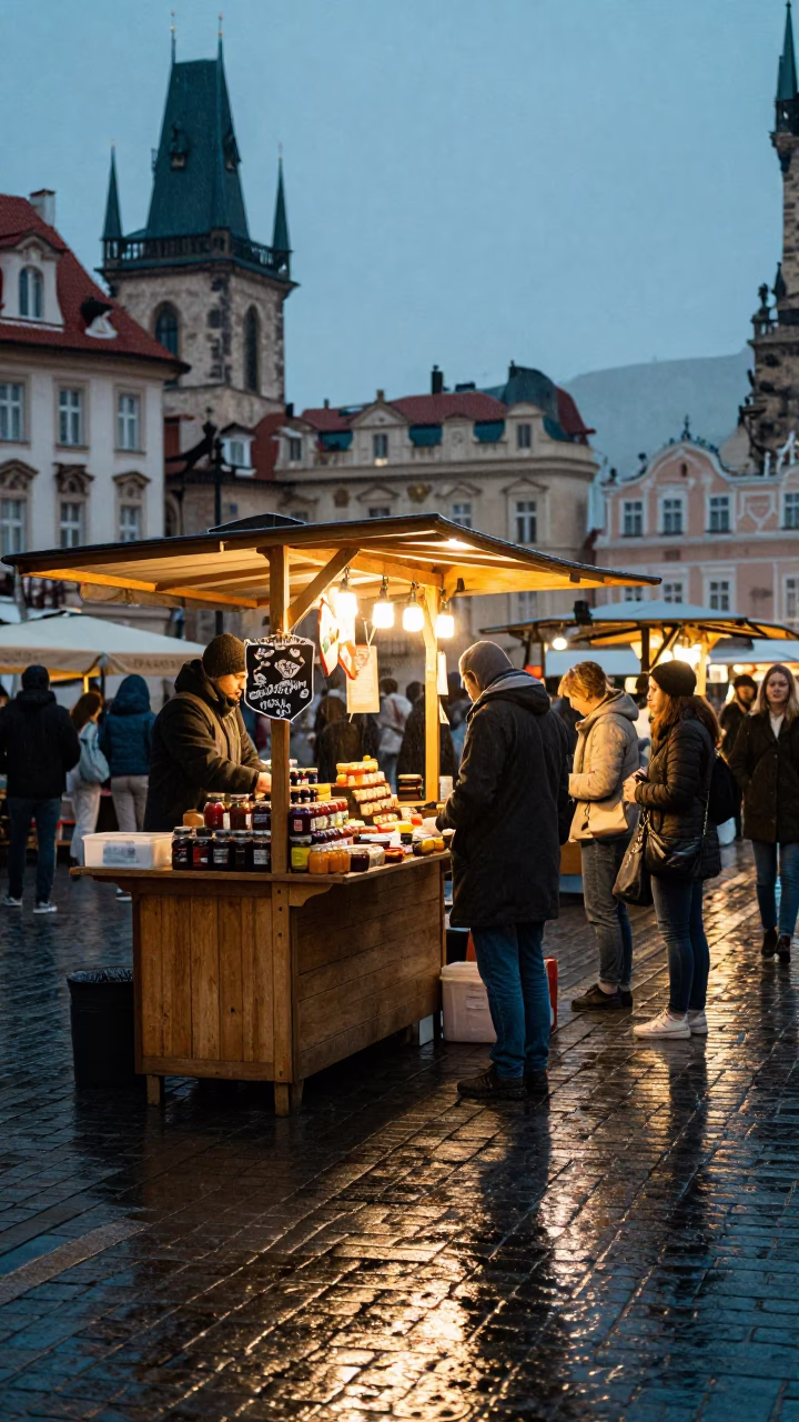 Busy Prague Street Vendor Stall Under Dusk Rain Light in in Prague, Czech Republic