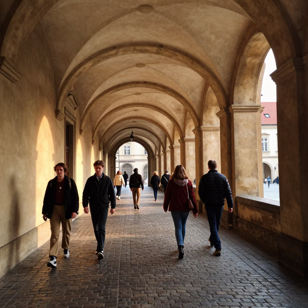 Busy Prague University Cloister Walkway in Late Afternoon Light with Pedestrians in in Prague, Czech Republic