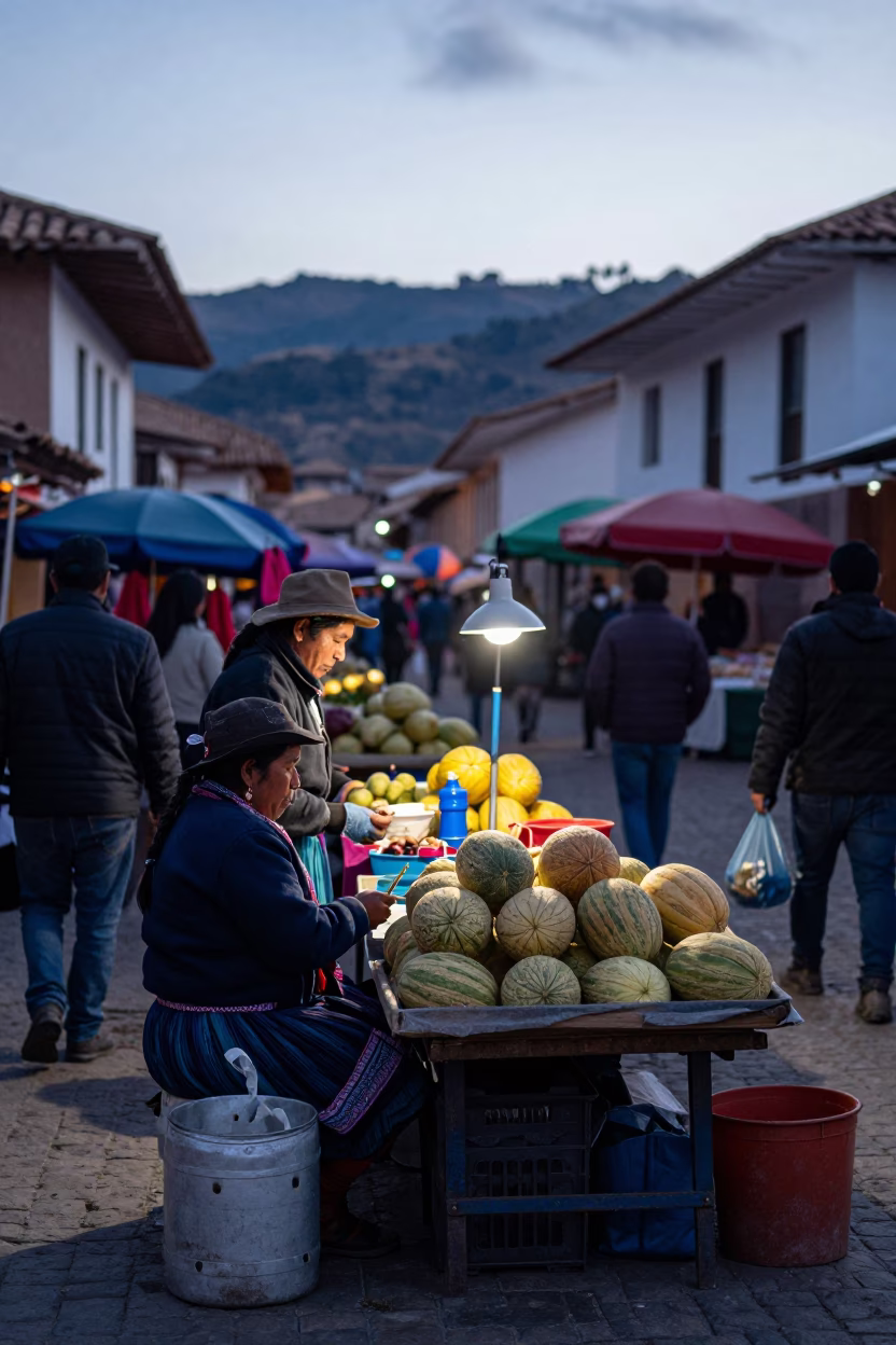 Busy Pre-Dawn Cusco Market Stall with Melons and Local Vendor Interaction in in Cusco, Peru