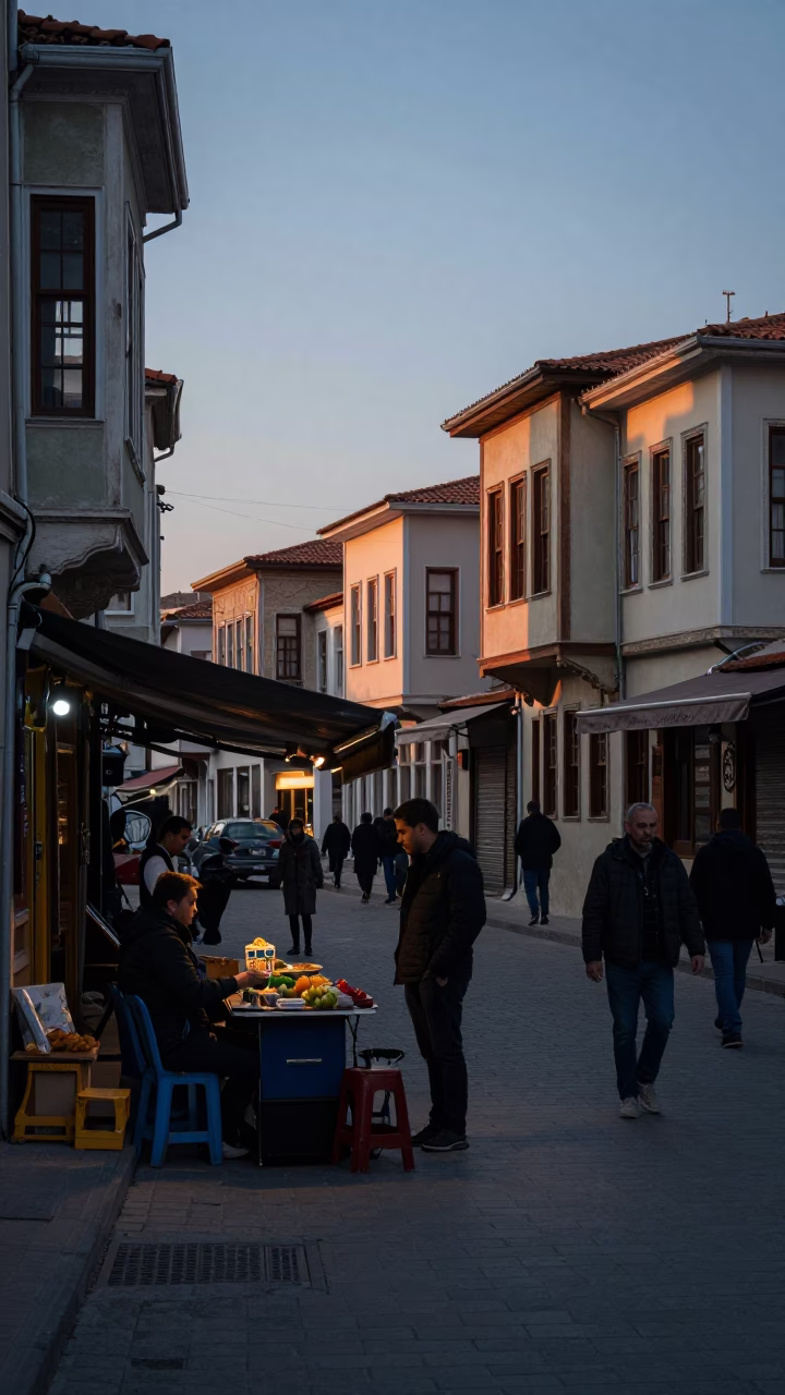 Busy Pre-Dawn Izmir Street Scene with Local Vendor and Traditional Breakfast in in Izmir, Turkey