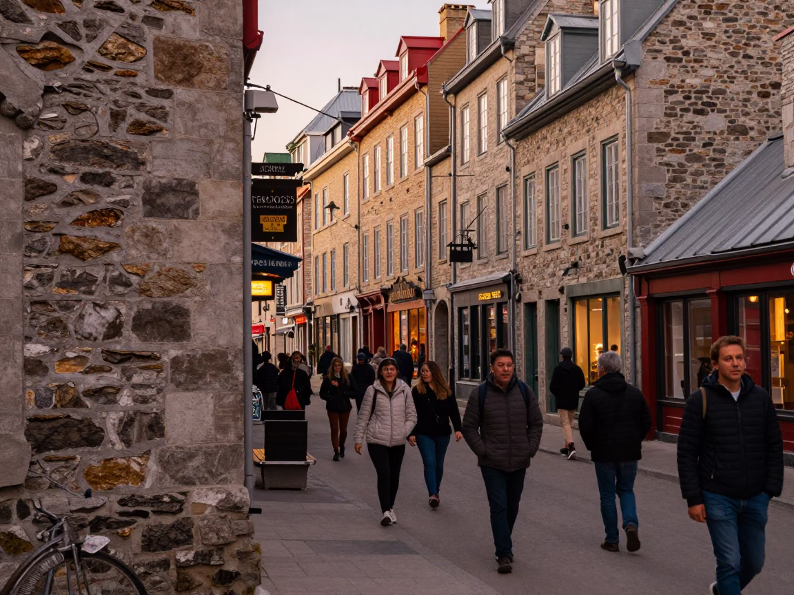 Busy Quebec City Evening Street Scene with Historic Stone Walls and Urban Life in in Quebec City, Quebec, Canada