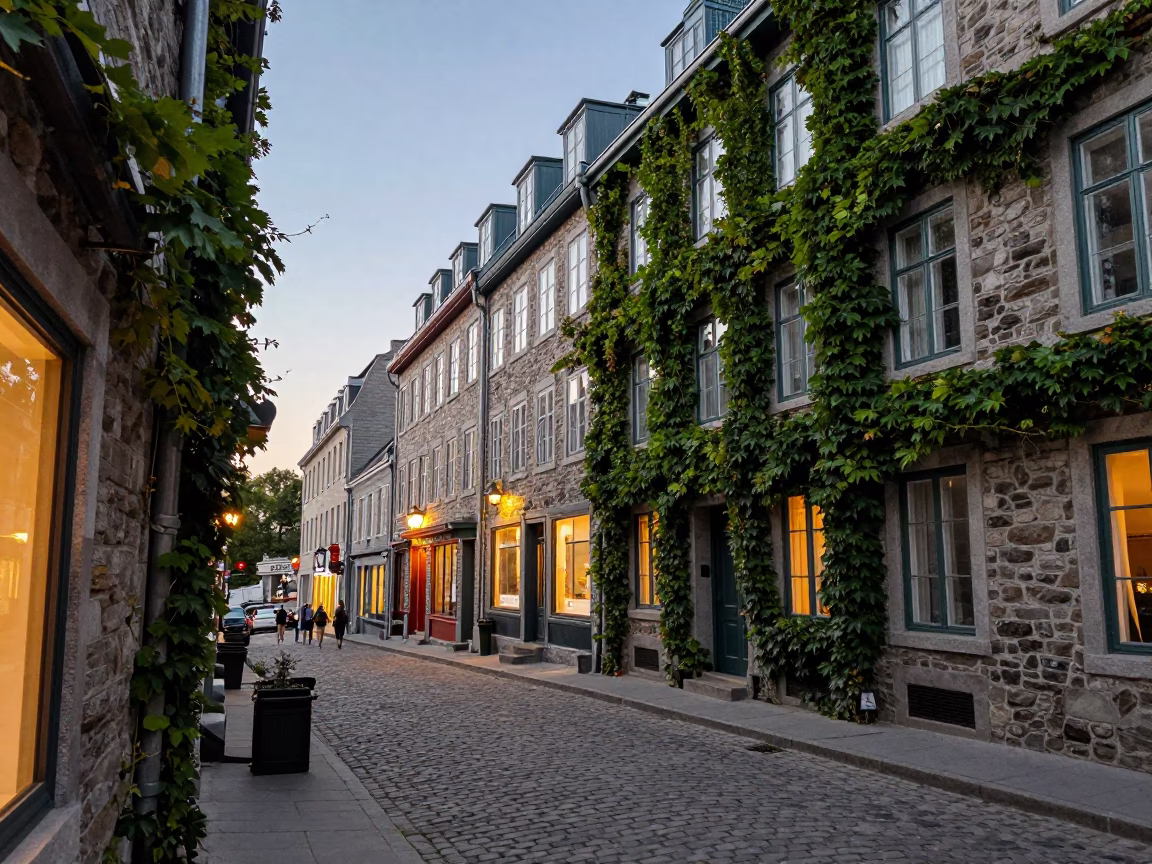 Busy Quebec City Evening Street Scene with Ivy Vines and Local Activity in in Quebec City, Quebec, Canada